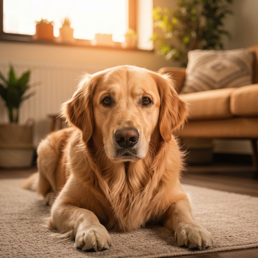 Marlow the golden retriever in a cozy therapy setting